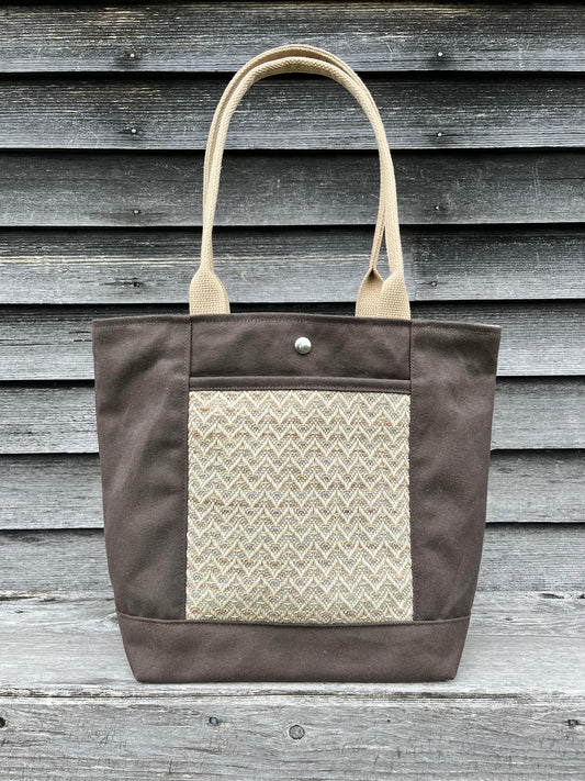 Bent Snap Tote - khaki textile  / brown canvas