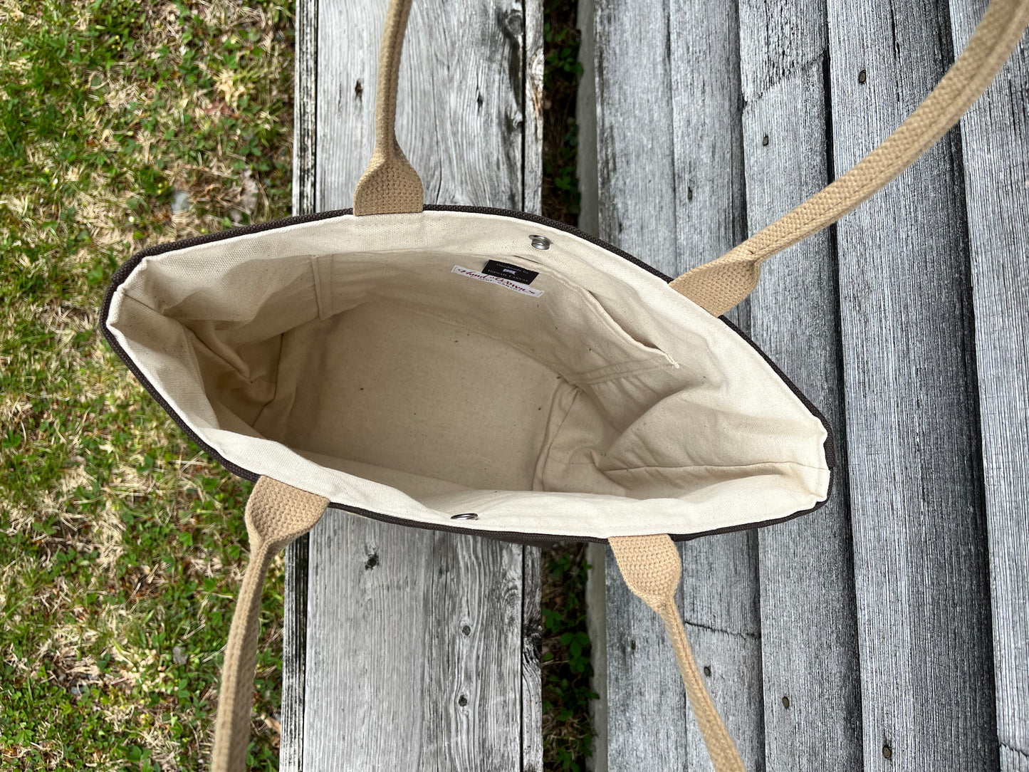 Bent Snap Tote - khaki textile  / brown canvas